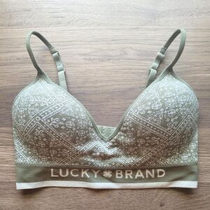 Lucky Brand Womens Padded Bra Size 34C Green Patterned Spell Out Band Adjustable